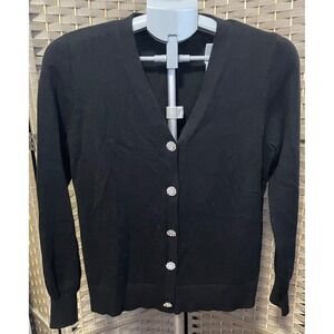 J. Jill Black Festive Cardigan Sweater Bejeweled Buttons V-Neck Cotton‎ Size M